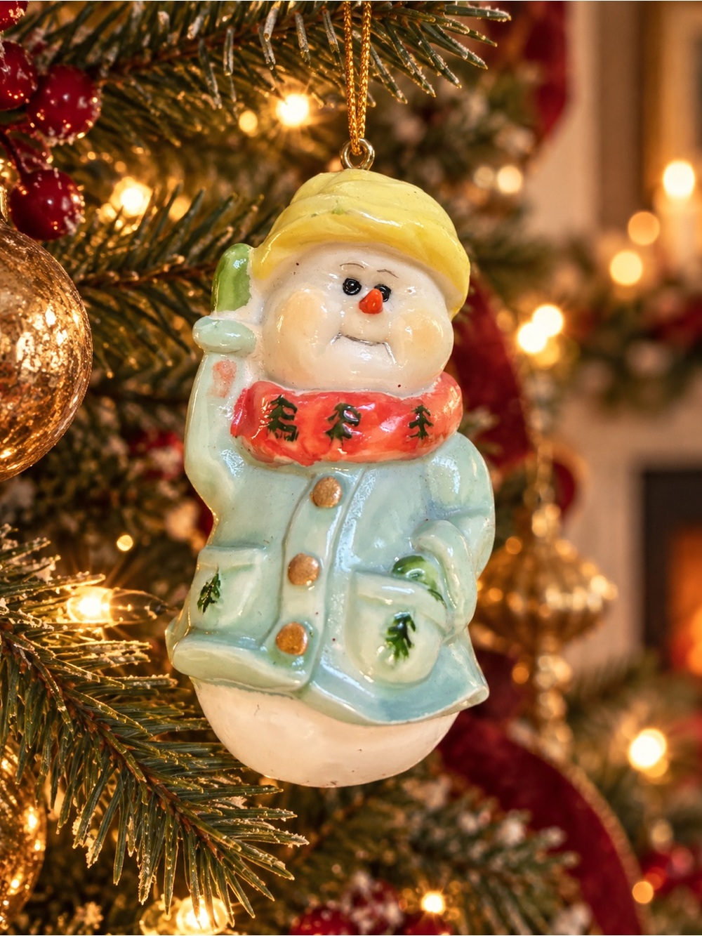 Snowman Christmas Ornament Pastel Blue Coat Yellow Hat 3 Inch